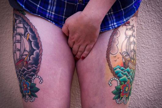 neo traditional tattoos ship stormy clear day thigh tattoos tattooed women thighs color ink colour