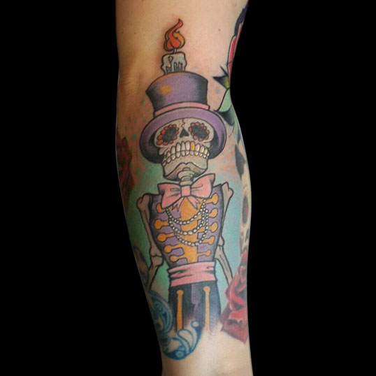 neo traditional skeleton in top hat coat candle flame color ink colour tattooed women